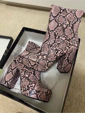 Women’s Pink Snake-Print Platform Ankle Boots
